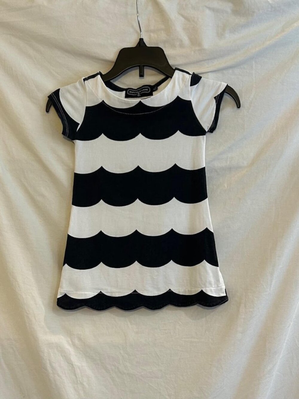 Duffield Lane Girls 2 Black White Scalloped Stripes Short Sleeve Dress Classic